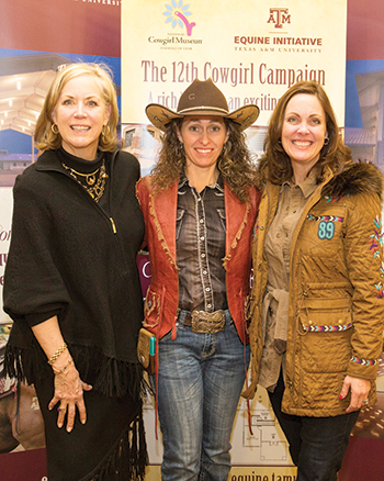 Three women pose at the Cowgirl Halle of Fame, including Dr. Eleanor M. Green